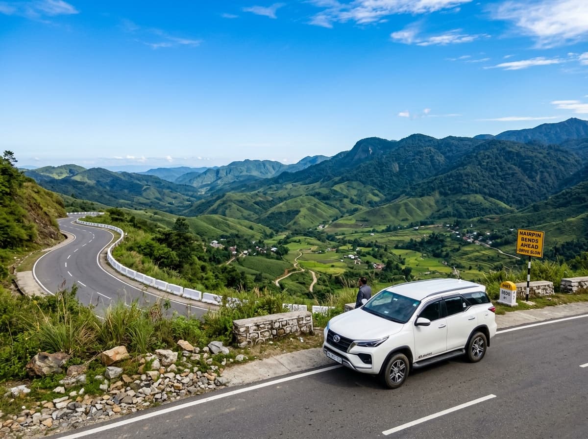 Modern SUV rental driving in Northeast India mountains